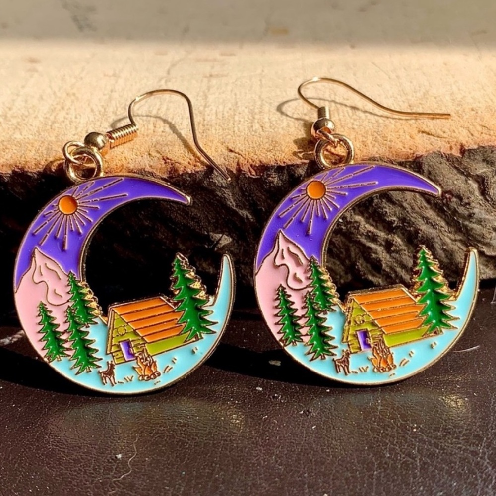 Colorful Cabin Moon Nature Camping Wanderlust Adventure Wilderness Woods Earring